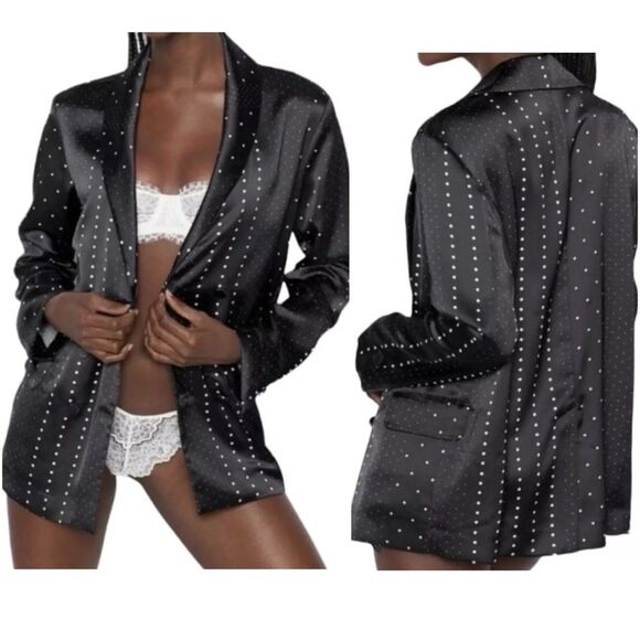 Victoria's Secret Satin Jacquard Bed & Evening Black White Polka Dot Blazer Med - Picture 1 of 13